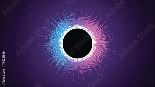 Abstract digital art piece with a central black void surrounded by radiant blue and pink light particles forming an energetic burst