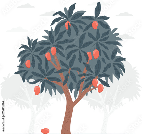 Mango tree laden with ripe fruit in a grove tropical