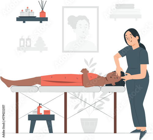 Massage therapist giving head massage to client on table vector illustration