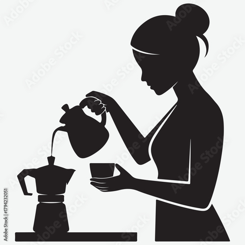 Silhouette of a woman pouring coffee from a moka pot into a cup