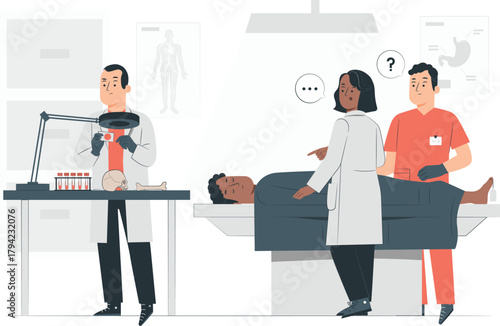 Medical professionals conduct examination on patient lying on examination table medical examination