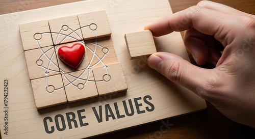 Building core values for business success with strategic puzzle and heart, perfect fit for team building and corporate culture, promoting ethics and mission