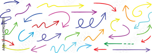 Colorful handdrawn arrow set on, a vibrant collection of directional indicators for design projects and creative presentations