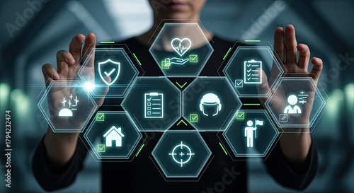 Cutting-edge business woman utilizes advanced digital interface to manage goals, security, healthcare and achieve success, a truly modern approach