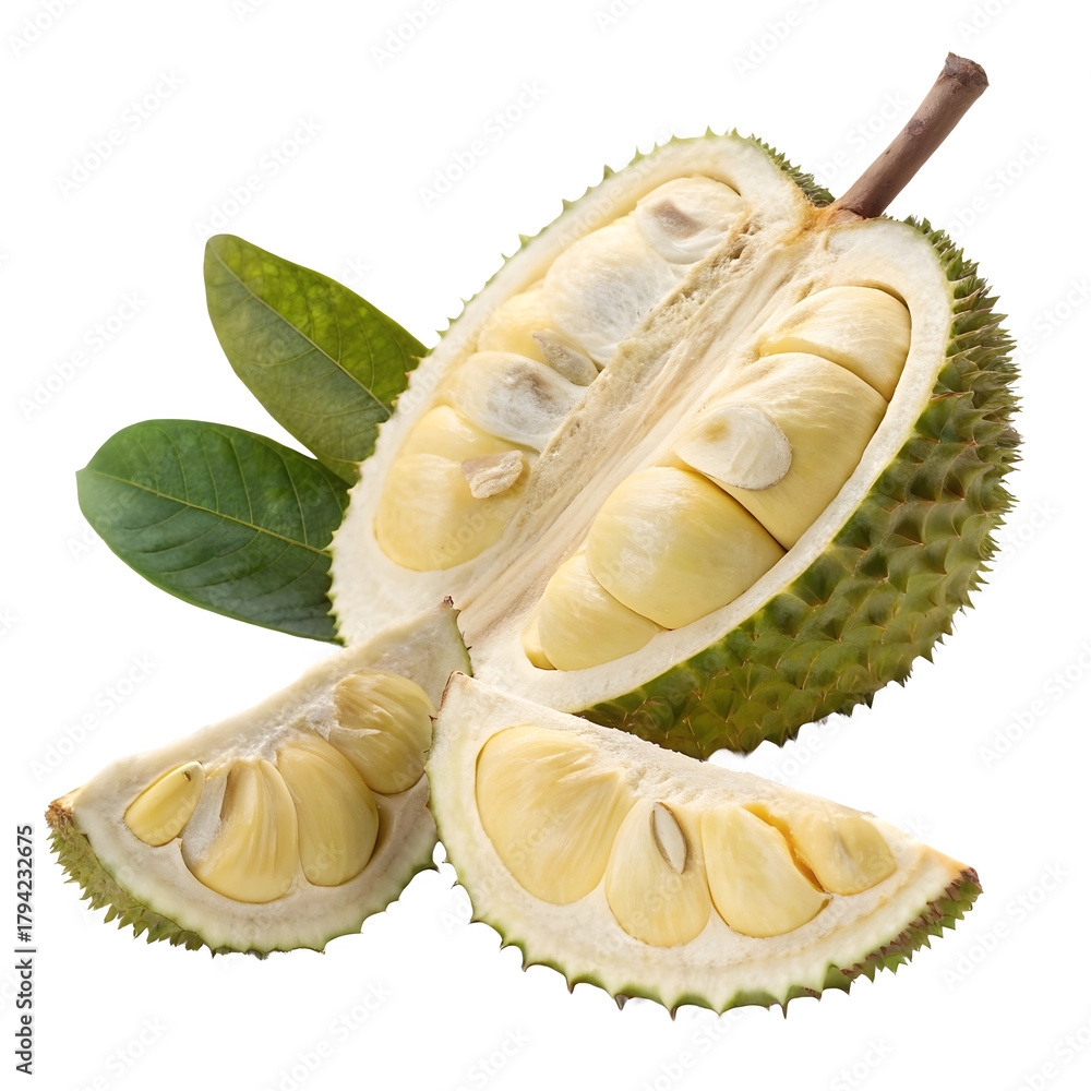 Fototapeta premium Fresh durian fruit slices isolated on transparent background