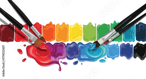 Colorful paint blobs and square swatches arranged in a rainbow gradient with two paintbrushes, illustrating a vibrant artistic process.