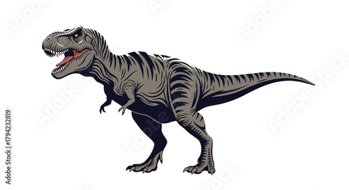 Fierce Tyrannosaurus Rex dinosaur illustration with open mouth and sharp teeth, displaying a powerful prehistoric predator in a detailed cartoon style.