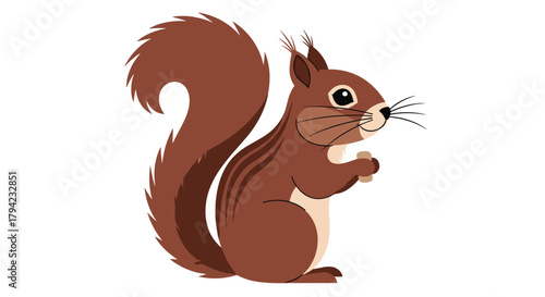 A charming cartoon brown squirrel with a bushy tail stands upright, holding a small nut in its paws against a white background.