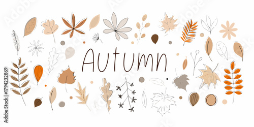 Hand drawn autumn leaves and branches with the word autumn in the center