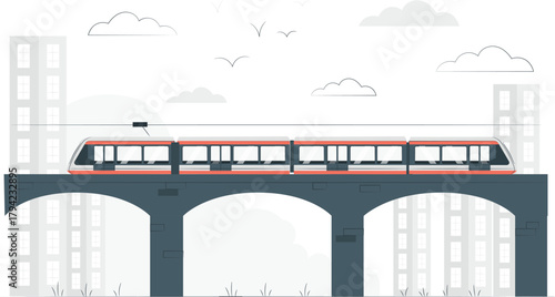 Modern commuter train crossing a bridge over a city landscape Keywords: train, transportation