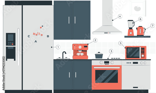 Modern kitchen interior with appliances and cabinets refrigerator