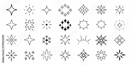 Collection of hand drawn sparkling starburst and glitter icons for design elements
