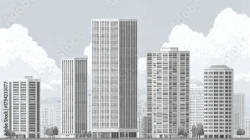 Cityscape with Skyscrapers and Clouds Monochrome Urban Architecture Background