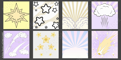 Collection of eight comic book style graphic elements featuring explosions stars and bursts of light