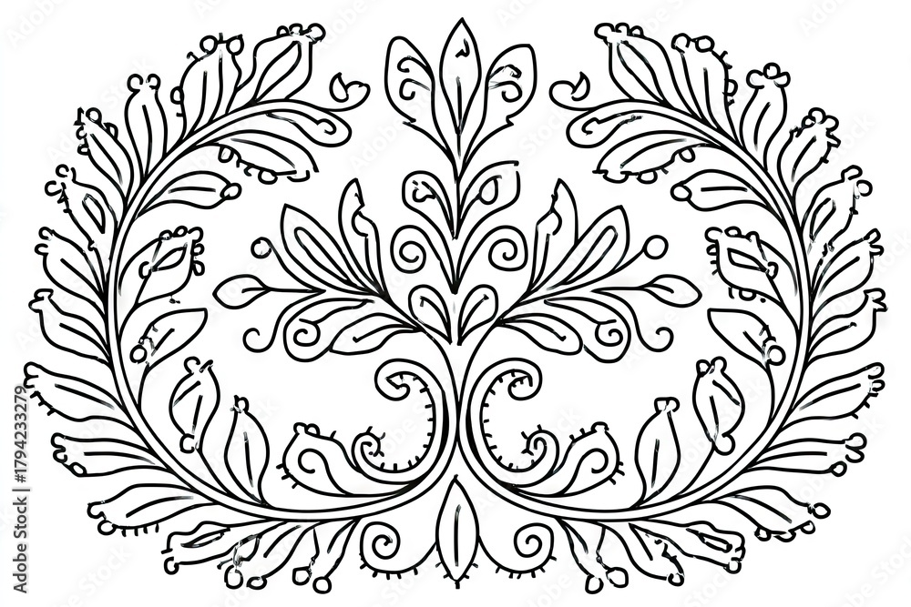 Obraz premium Ornate flourish flowing leaves, swirls, berries, line art design