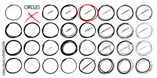 Selection of hand drawn circles with a red cross and a highlighted circle indicating choice or status