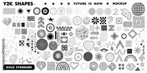 Collection of y2k inspired graphic design elements and abstract shapes in grayscale for digital art and design mockups