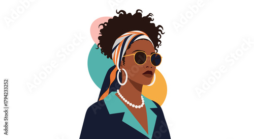 Elegant Black woman with curly hair, wearing a patterned headscarf, round sunglasses, and a pearl necklace.