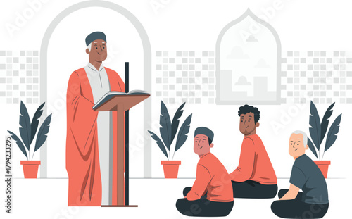 Muslim cleric leading prayer for men in a mosque with plants islam