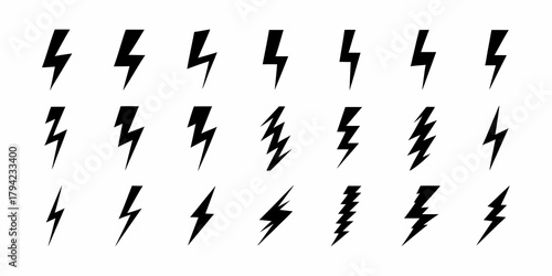 Collection of black lightning bolt icons and symbols representing energy power and speed
