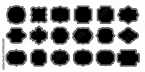 Collection of decorative black ornate frames and borders with white outline isolated on white background