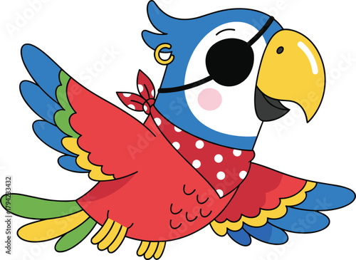 Colorful cartoon pirate parrot flying with eye patch, red bandana, gold earring, multicolored feathers, cheerful bird character, vector illustration, fun theme