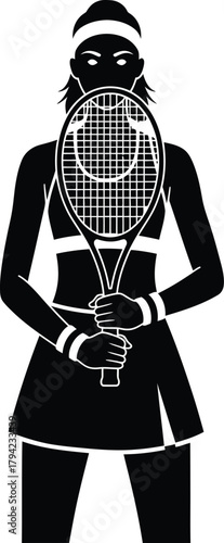 Female Tennis Player Silhouette – Upright Pose Holding Racket in Black and White