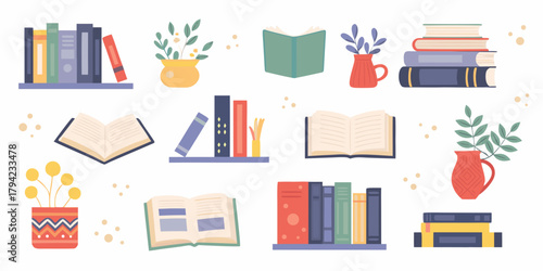 Collection of flat design books and decorative plants in vases on white background