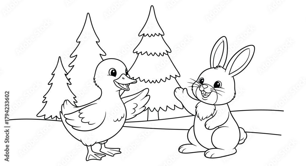 Fototapeta premium A joyful duckling and a friendly bunny rabbit wave hello in a snowy forest, presented as a delightful black and white coloring page.