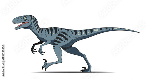 A striking blue raptor with distinctive dark stripes and light spots, depicted in a dynamic running stance.