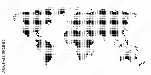 World map formed by black dots on a white background representing global connection and data visualization