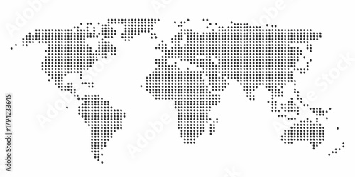World map made of small dark dots on a white background representing global connections and data visualization