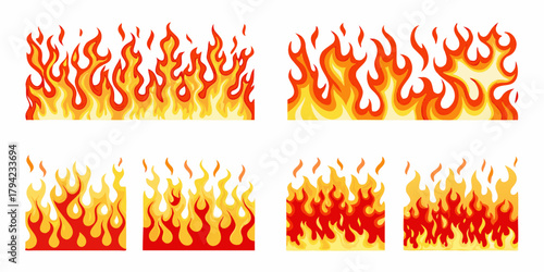 Collection of stylized cartoon fire borders and elements in various sizes and styles