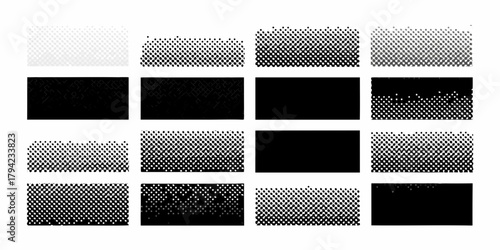 Abstract halftone dot patterns and gradients in black and white with fading effects