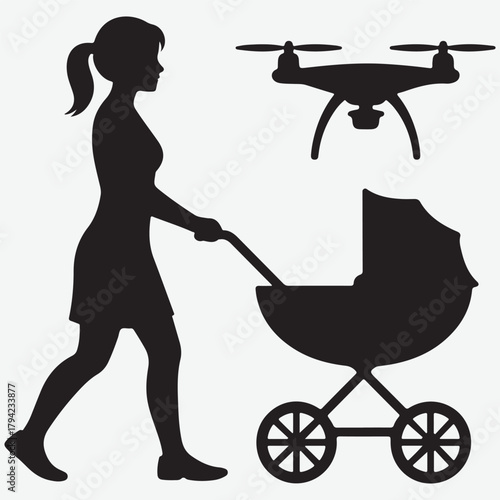 Silhouette of a woman with a stroller and a drone
