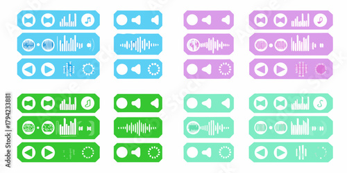 Collection of colorful audio player interface elements and icons in blue purple and green