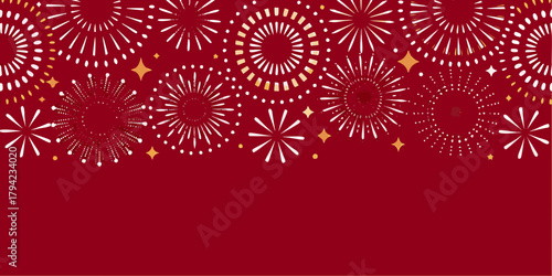 Festive red background with white and gold fireworks sparkles and stars border