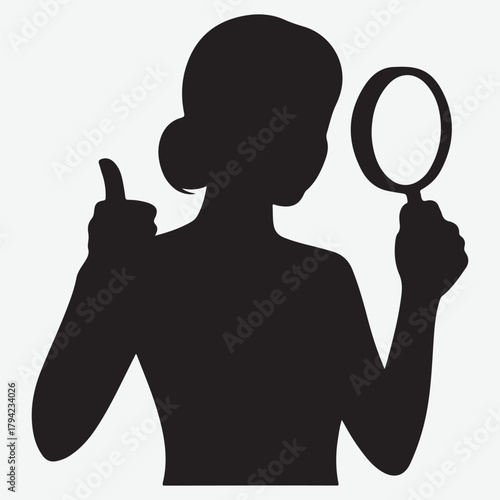 Silhouette of a woman with a magnifying glass and a thumbs-up