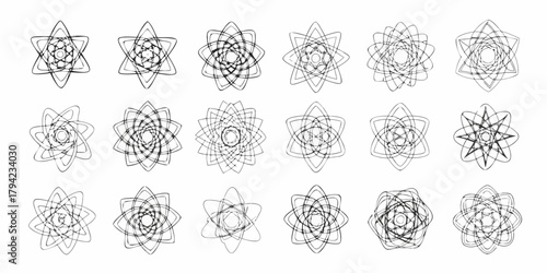 Collection of abstract geometric starburst mandala designs in black ink on white background
