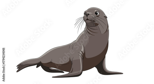 An artistic illustration of a graceful sea lion, characterized by its sleek brown fur and inquisitive gaze, isolated on a clean white background.