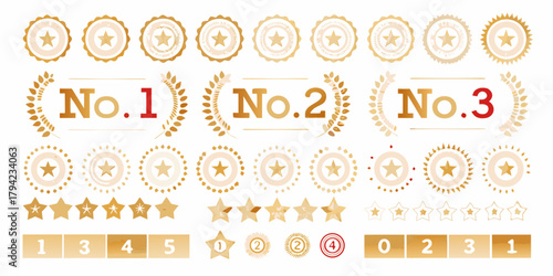 Collection of golden badges stars and ranking elements for awards and achievements