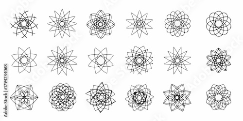 Collection of diverse black geometric starburst and mandala designs on white background