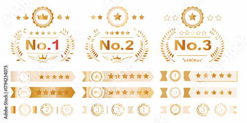 Collection of golden ranking badges and awards featuring number one two and three with stars and laurel wreaths