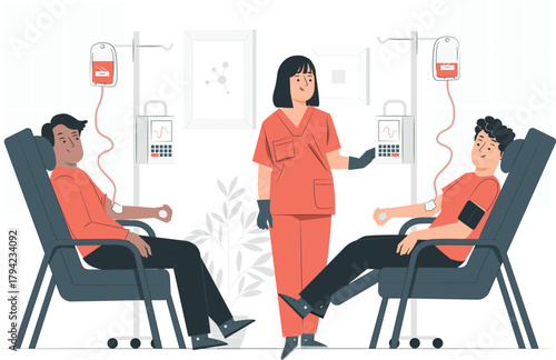 Nurse overseeing two patients receiving blood transfusions in chairs medical healthcare