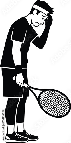 Tennis Player Silhouette – Athlete in Reflective Pose with Racket in Black and White