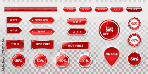 Collection of red sale and discount tags and buttons for online shopping promotions