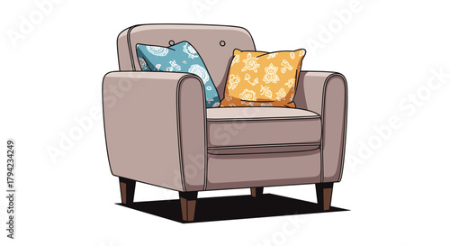 An inviting single armchair in a neutral gray upholstery with two contrasting patterned throw pillows, one blue and one yellow, ready for a cozy interior.