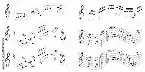 Collection of flowing musical staffs with treble clefs and various musical notes on a white background