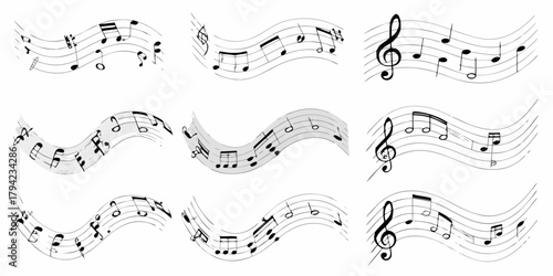 Collection of nine flowing musical staves with various notes and clefs on a white background