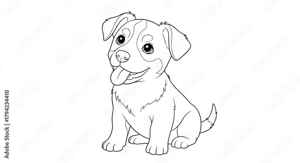 Fototapeta premium A cute and happy cartoon puppy sits with its tongue out, an adorable black and white line art illustration perfect for coloring.